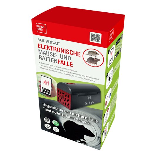 Bild zeigt die Verpackung der Elektronischen Mause- & Rattenfalle SuperCat im rot-grünen Design, von vorne dargestellt.
