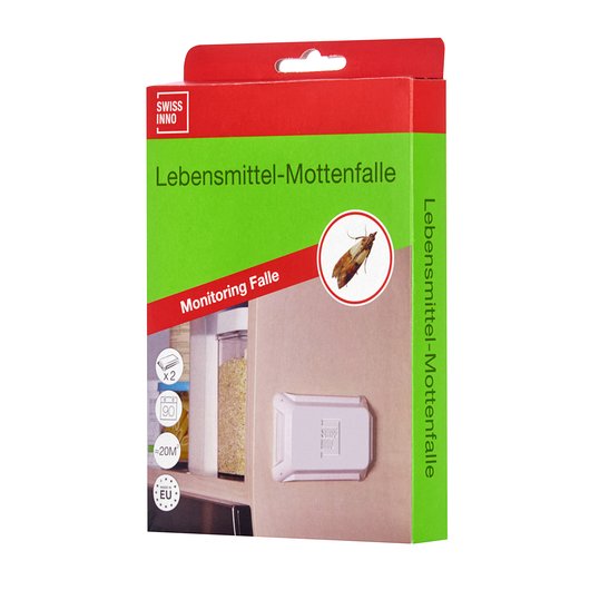 Lebensmittel-Mottenfalle – Produktverpackung Bild zeigt die Verpackung der Lebensmittel-Mottenfalle im rot-grünen Design, von vorne dargestellt.