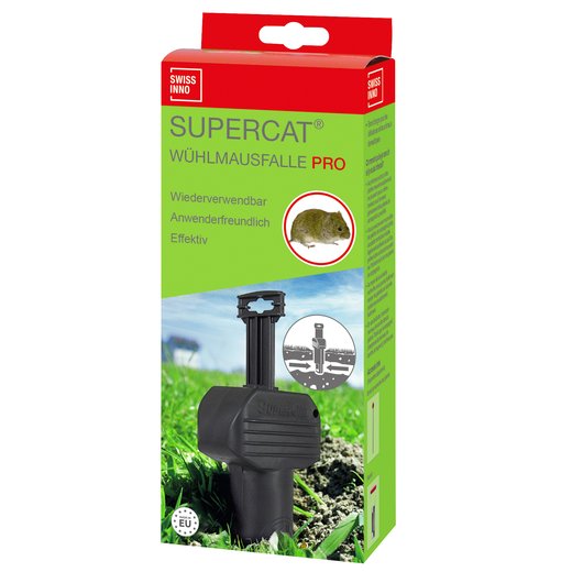 Wühlmausfalle PRO SuperCat – Produktverpackung Bild zeigt die Verpackung der Wühlmausfalle PRO SuperCat im rot-grünen Design, von vorne dargestellt.