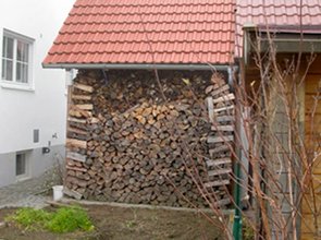 Prévention - Bois empilé le long d'un mur de maison. Un abri et un site de nidification parfaits pour les musaraignes. 