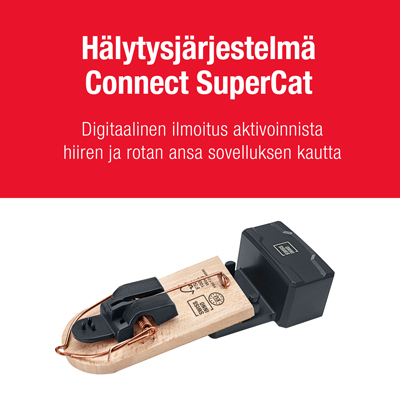 Hälytysjärjestelmä - Connect SuperCat yhdessä FSC-Puinen Hiirenloukku SuperCat Kuva, jossa Hälytysjärjestelmä - Connect SuperCat -moduuli on kiinnitetty FSC-Puinen Hiirenloukku SuperCat -loukkkuun.