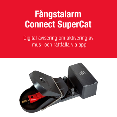 Fångstalarm Connect SuperCat med Musfälla PRO SuperCat Bild som visar Fångstalarm Connect SuperCat-modulen monterad på Musfälla PRO SuperCat.