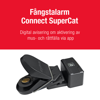 Fångstalarm Connect SuperCat med Musfälla SuperCat Bild som visar Fångstalarm Connect SuperCat fäst vid Musfälla SuperCat.
