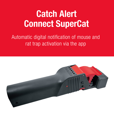 隧道式捕鼠器 No See No Touch – Connect SuperCat 产品横幅 产品横幅,展示 隧道式捕鼠器 No See No Touch,产品上方显示 Connect SuperCat Catch Alert 提示信息。