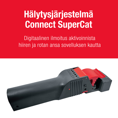 Hälytysjärjestelmä - Connect SuperCat with Hiirenloukku No See No Touch Kuva, jossa Hälytysjärjestelmä - Connect SuperCat on kiinnitetty Hiirenloukku No See No Touch -loukkuun.