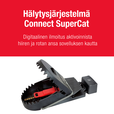 Hälytysjärjestelmä Connect SuperCat ja Rotanloukku PRO SuperCat Kuva, jossa Hälytysjärjestelmä Connect SuperCat -moduuli on kiinnitetty Rotanloukku PRO SuperCat -loukkuun.
